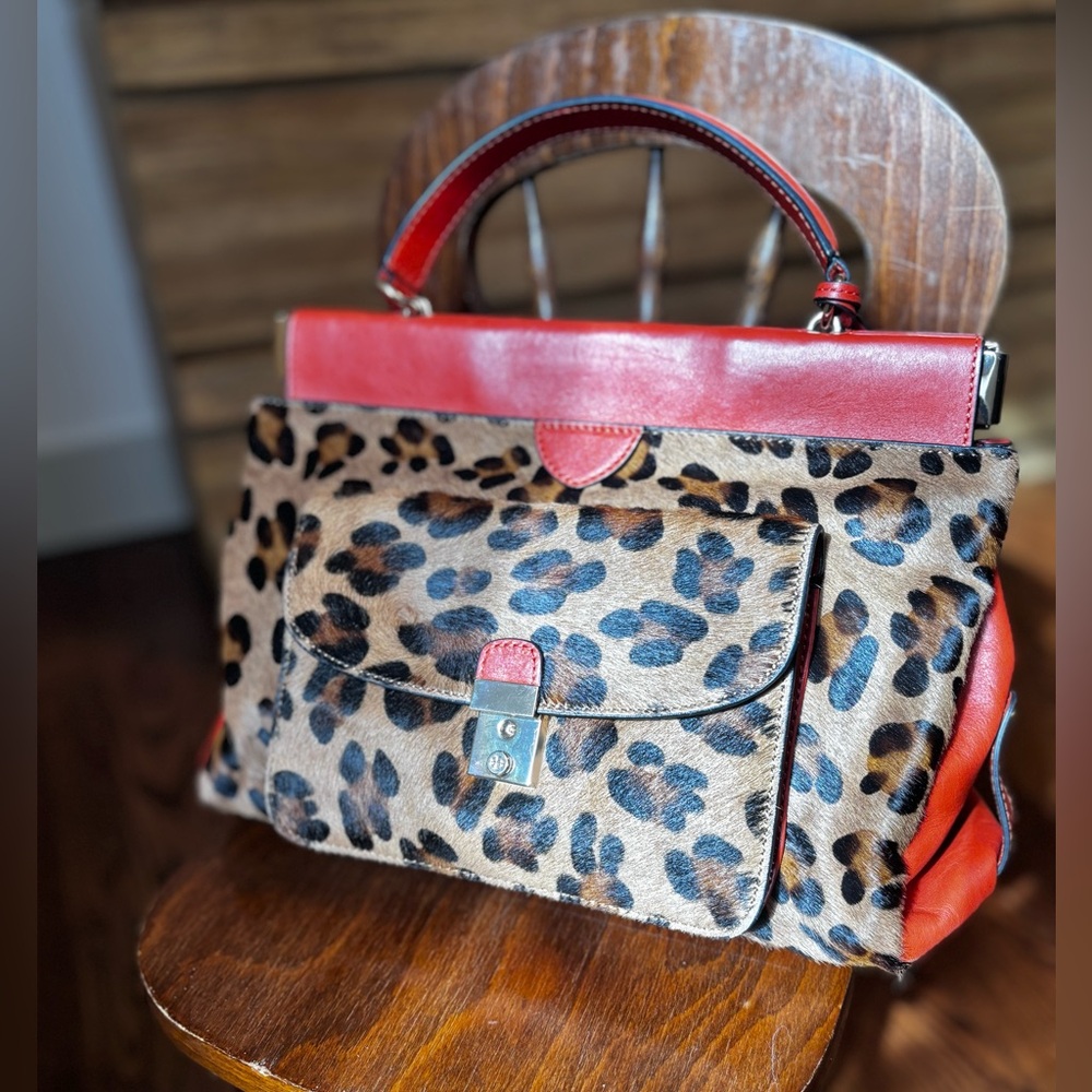 Tory Burch Priscilla Frame Leopard Print Top-Handle Satchel with Red/Orange Trim - Picture 2 of 9